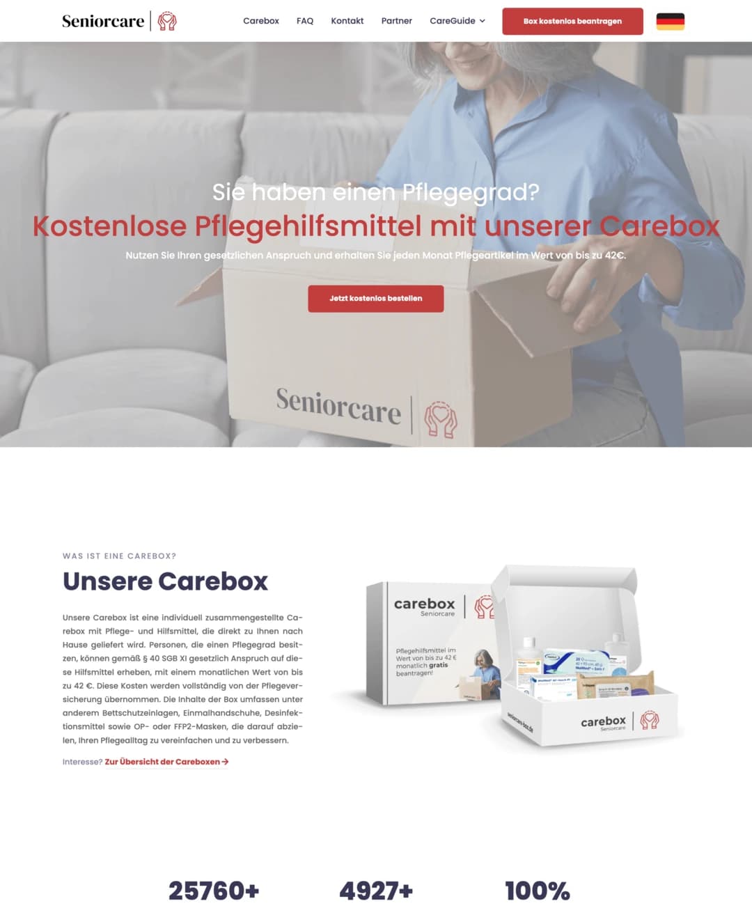 SeniorCare Box, Pflegebox Website | uncamino Referenz